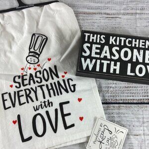 Primitives by Kathy Season with Love Theme Tea Towel & Box Sign Gift Bundle NWT